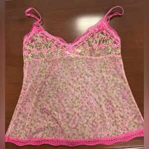 Vintage Y2K Victoria Secret Angels Sheer Mesh Cami Pink and Green Lace